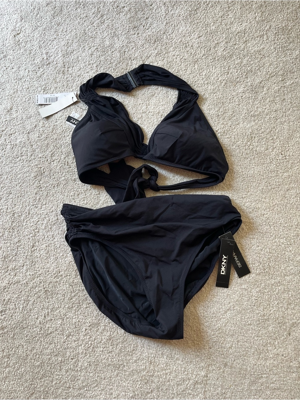 Dkny Black Halter Molded Cup Bikini with Mid-Rise Bottoms